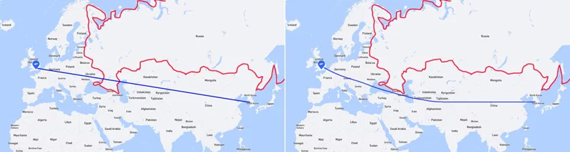 항공사 사이트에서 표를 예매할 때 영국항공(British Airways)의 런던(히드로 공항)-서울(인천국제공항)의 노선도가 직진이 아니라 아래와 같이 그려지는 이유다. 3