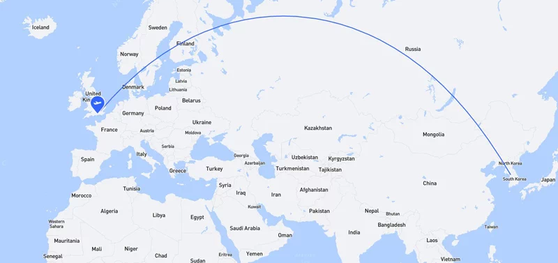 항공사 사이트에서 표를 예매할 때 영국항공(British Airways)의 런던(히드로 공항)-서울(인천국제공항)의 노선도가 직진이 아니라 아래와 같이 그려지는 이유다. 5