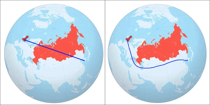 항공사 사이트에서 표를 예매할 때 영국항공(British Airways)의 런던(히드로 공항)-서울(인천국제공항)의 노선도가 직진이 아니라 아래와 같이 그려지는 이유다. 7