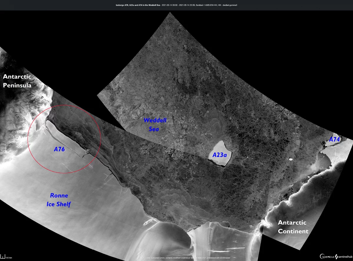 2021년 5월 16일, 거대 규모의 얼음이 남극대륙에서 웨델 해(Weddell Sea)로 분리되어 나오며 세계에서 가장 큰 빙산 A-76이 탄생했다. 5