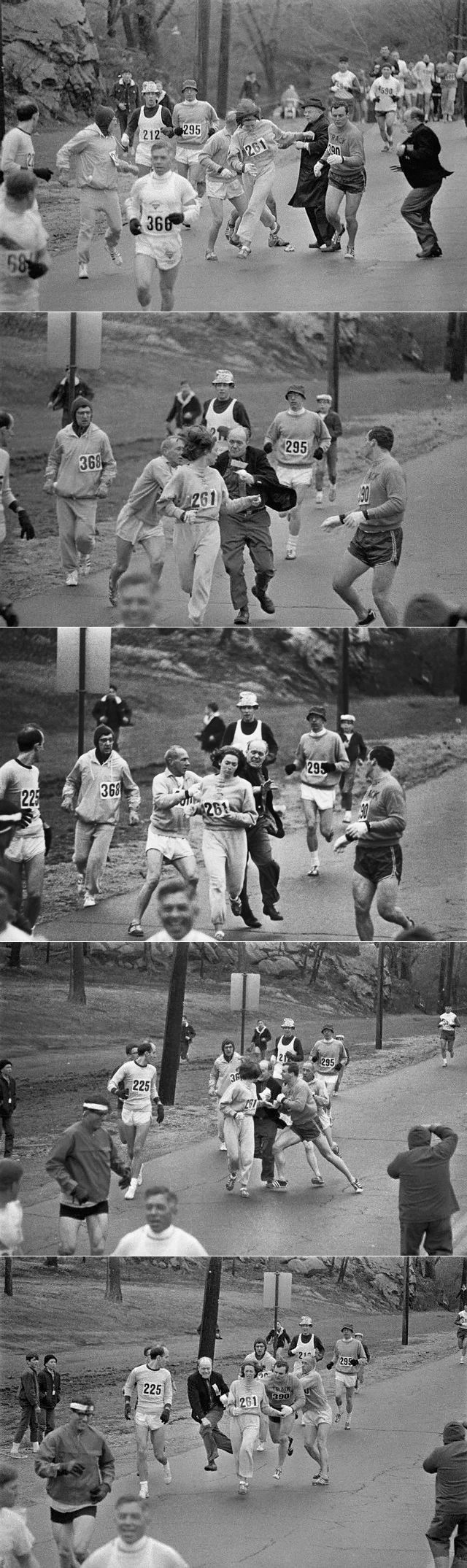 당시 시러큐스(syracuse) 대학의 학생이었던 캐서린 스위처(Kathrine Switzer)는 1966년, 학교 신문에 기사를 쓰기 위해 보스턴 마라톤 대회를 취재하다가 '번외 코스' 즉, 비공식적으로 대회에 참가한 여성의 이야기를 듣게 된다. 13