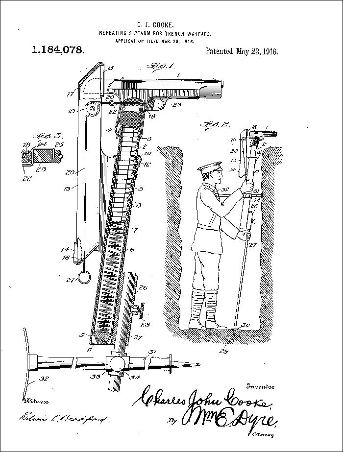 아래는 1916년 5월 23일, 미국에서 특허를 받은 참호전을 위한 연사 권총의 모습이다. 1