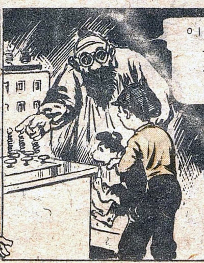 복남이의 모험 - 출발편 (3) / 어린이신문 1945.12.15. 대머리 박사: 나는 이 숲 속 연구실에 숨어서 해외의 동지들과 연락하며 조선독립에 힘써왔소. 대머리 박사: 여기가 내 비밀 연구실이오. 대머리 박사: 이것은 세계의 어떤 나라와도 통신할 수 있는 무선전신이오. 쾅쾅!! 쾅! 앗!! 앗!! (장치 위에 올라간 바둑이) 대머리 박사: 어이구 그 위에 앉으면 안 돼! 대머리 박사: 이 단추를 누르면 아까 복남군을 놀라게 한 총소리가 저절로 나며 설설이가 쫓아가게 되어있소. 대머리 박사: 저 텔레비전 화면을 보시오. 설설이가 보이지 않소. 총소리를 찾아 헛수고를 하고 있소. 11