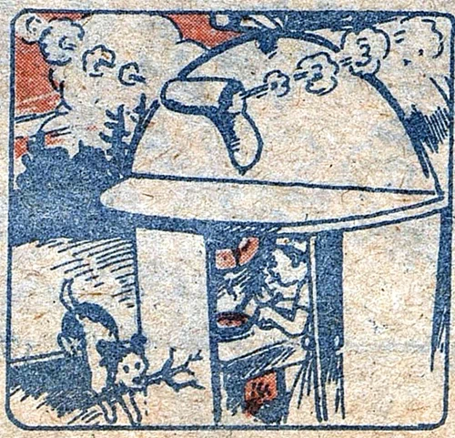 복남이의 모험 - 출발편 (5) / 어린이신문 1945.12.29. 복남: 잘 자고 나니 아주 마음이 상쾌한걸. (씻고 있는 복남) 복남: 아 바둑이가 어디로 갔을까? 바둑아! 바둑아! 복남: 나무를 해오는군 그래. 바둑이 참 수고한다! (바둑이가 해 온 나무로 밥 짓는 복남) 복남: 바둑아 많이 먹어라. 멀리 갈 테니까 든든히 먹어야 한다. 바둑이: 네 염려 마세요! 복남: 이제 호주가 여기서 얼마나 되나 좀 재어보고... 11
